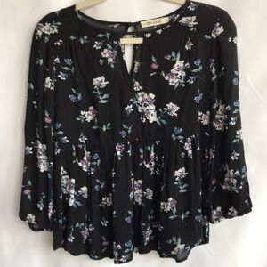 Chloe & Katie black floral rayon 3/4-sleeve top, size S
